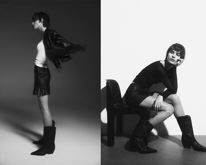 En la imagen izda. minifalda con flecos (59,99 euros), chaqueta de cuero (119,99 euros) y botas (79,99 euros). En la derecha, falda (49 euros) y botas cowboy (79,99 euros), todo de la colección Leather Limited Edition, de Pull&Bear.