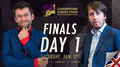 Cartel anunciador de la primera jornada de la final del Airthings Masters, con Aronián (izquierda) y Radyábov