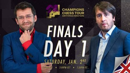 Cartel anunciador de la primera jornada de la final del Airthings Masters, con Aronián (izquierda) y Radyábov