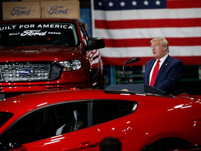 President Donald Trump speaks at Ford's Rawsonville Components Plant that had been converted to making personal protection and medical equipment, Thursday, May 21, 2020, in Ypsilanti, Mich.