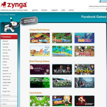 Página de acceso a <b><i>Mafia Wars, FishVille</b></i> y demás juegos de Zynga para Facebook.