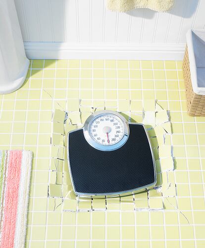 Weight scale embedded on bathroom floor, elevated view