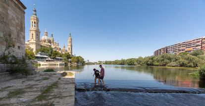 Dos personas se bañan en la cuenca del río Ebro afectada por la sequía a su paso por Zaragoza, el 7 de agosto. Las altas temperaturas y la ausencia de lluvias están afectando a la cuenca del río Ebro a su paso por las comunidades de Cantabria,Castilla y León, La Rioja, País Vasco, Navarra, Aragón y Cataluña, y permite que el Ebro, a su paso por Zaragoza, se pueda cruzar andando hasta el centro de su cauce a la altura del puente de Piedra.