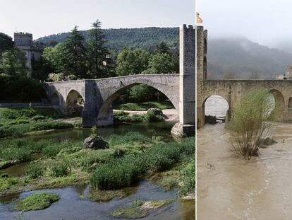 Pont romà de Besalú (la Garrotxa), abans i durant el temporal.