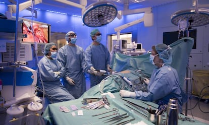 El equipo de cirugía extrae un riñón en el Clínic de Barcelona.