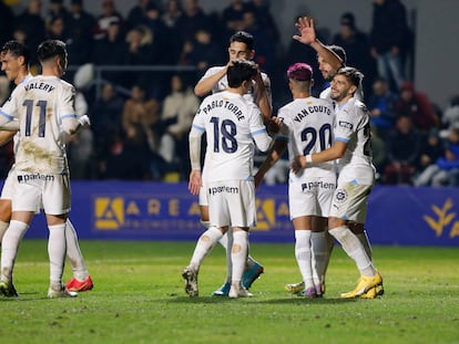 Los jugadores del Girona celebran uno de los goles que marcaron al Orihuela esta semana en la Copa del Rey.