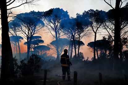 Bombeiros tentam apagar um incêndio nos arredores de Cannet des Maures, na França, em 17 de agosto de 2021.