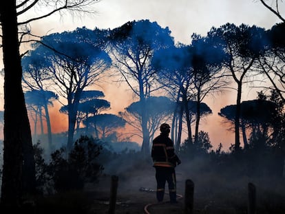 Bombeiros tentam apagar um incêndio nos arredores de Cannet des Maures, na França, em 17 de agosto de 2021.