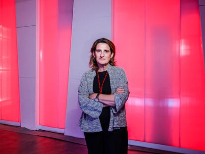 Teresa Ribera, este lunes en la sede del PSOE en Ferraz.