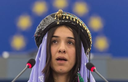 La Nobel de la Paz Nadia Murad en el Parlamento Europeo en 2016. 