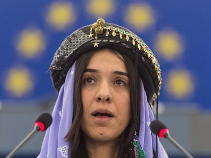 La Nobel de la Paz Nadia Murad en el Parlamento Europeo en 2016. 