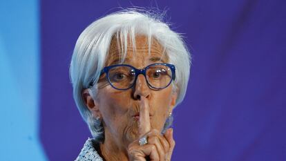 La presidenta del BCE, Christine Lagarde, este jueves en Fráncfort durante la rueda de prensa posterior al Consejo de Gobierno de la entidad.