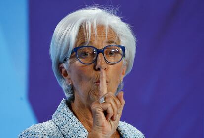 La presidenta del BCE, Christine Lagarde, este jueves en Fráncfort durante la rueda de prensa posterior al Consejo de Gobierno de la entidad.