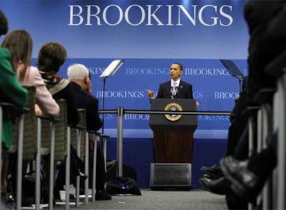 El presidente de Estados Unidos, Barack Obama, durante la presentación del plan en la Brookings Institution de Washington.