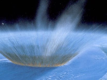 Representación del impacto del meteorito en Yucatán.