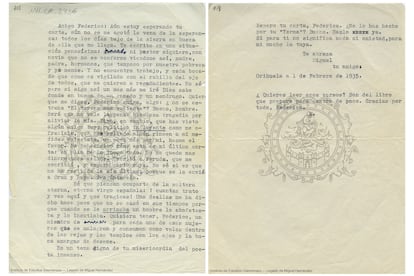 Carta del poeta Miguel Hernández escrita a Federico García Lorca fechada el 1 de febrero de 1935. Cortesía: Fundación Legado Miguel Hernández de la Diputación de Jaén.