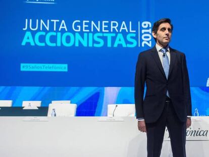 Jos&eacute; Mar&iacute;a &Aacute;lvarez-Pallete, presidente ejecutivo de Telef&oacute;nica, durante la la &uacute;ltima junta de accionistas de Telef&oacute;nica.
 