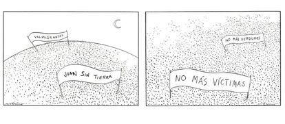 Las multitudes de puntos sobre la tierra enarbolando diferente lemas, otra forma de editorializar de Máximo.