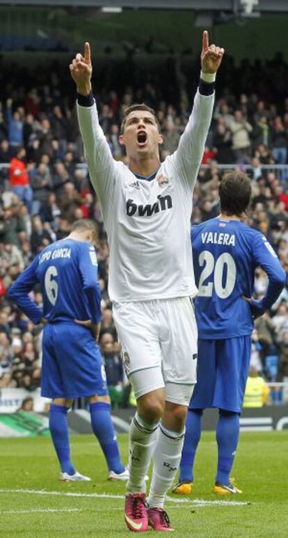 Cristiano Ronaldo celebrates one of his three goals against Getafe.