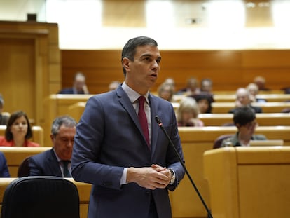 El presidente del Gobierno, Pedro Sánchez, durante una de sus intervenciones en el Senado, este martes.