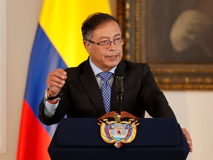 El presidente de Colombia, Gustavo Petro, durante una rueda de prensa en la Casa de Nariño, el lunes en Bogotá.