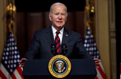 U.S. President Joe Biden speaks about efforts to strengthen United States supply chains that effect economic and national security, at the White House complex in Washington, November 27, 2023.