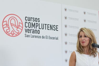 Yolanda Díaz, este lunes durante el curso celebrado en San Lorenzo de El Escorial.