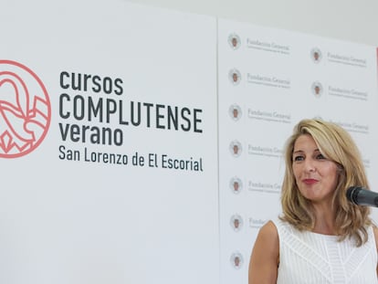 Yolanda Díaz, este lunes durante el curso celebrado en San Lorenzo de El Escorial.