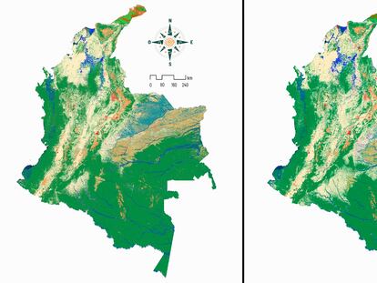 Mapa que muestra el cambio de uso de la tierra en Colombia. A la izquierda, en 1985, y a la derecha, en 2022.