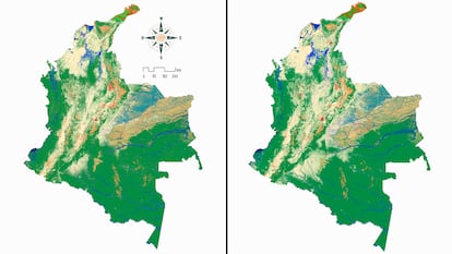 Mapa que muestra el cambio de uso de la tierra en Colombia. A la izquierda, en 1985, y a la derecha, en 2022.