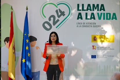 La ministra de Sanidad, Carolina Darias, este lunes en Madrid durante la presentación por parte del Ministerio de Sanidad de la línea 024 de atención a la conducta suicida.