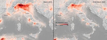 Concentración de dióxido de nitrógeno sobre Italia antes y después del cierre del país.