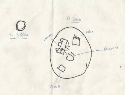 Mapa de la ciudad de Melilla. Realizado por un grupo de jóvenes argelinos que viven en la calle, de entre 22 y 24 años de edad. Julio 2016.