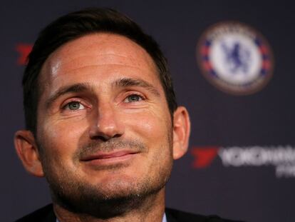 In this file photo taken on July 4, 2019 Chelsea's newly appointed English head coach Frank Lampard attends his unveiling press conference at Stamford Bridge in London.