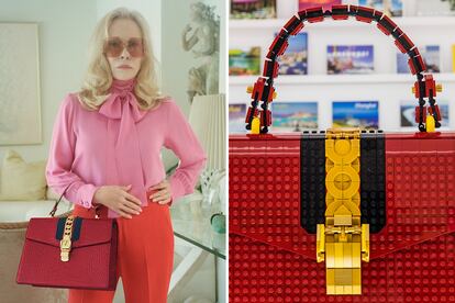 A la izda., la actriz Faye Dunaway en la campaña de Petra Collins del bolso Sylvie de Gucci; a la dcha., reproducción con piezas Lego realizada por el artista Andy Hung.