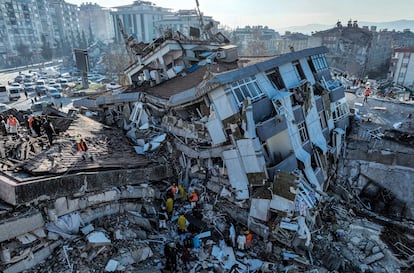 Aerial photo shows the destruction in Kahramanmaras, southern Turkey, Wednesday, Feb. 8, 2023. 