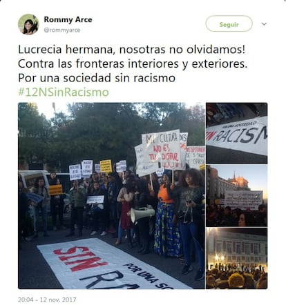 Rommy Arce es concejala en el Ayuntamiento de Madrid con el partido Ahora Madrid, y también participó en la manifestación del 12 de noviembre. Ella también recuerda a la dominicana asesinada hace ya 25 años: "Lucrecia hermana, nosotras no olvidamos! Contra las fronteras interiores y exteriores. Por una sociedad sin racismo", reza uno de sus mensajes. Hace unas semanas, Arce, nacida en Perú, fue objeto de la crítica por parte de Silvia Saavedra, concejala de Ciudadanos: dijo que cuando vino de Perú y adquirió la nacionalidad española jurando la Constitución parecía que estaba prometiendo cargarse España. El partido de Arce consideró estas palabras un ataque racista y Saavedrá pidió perdón a través de Twitter unos días más tarde.