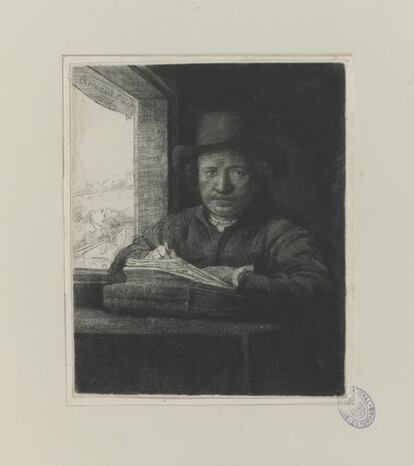 Rembrandt dibujando junto a una ventana, un autorretrato en aguafuerte (1648).