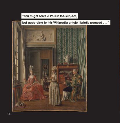 «Puede que tengas un doctorado en este tema, pero según un artículo de la Wikipedia que acabo de consultar…», otra de las obras rescatadas por Tersigni. En este caso Escena doméstica, una pintura anónima que está en el Metropolitan.