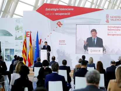 El presidente de la Generalitat, Ximo Puig, esta mañana en el Museu de les Ciències durante la presentación de la Estrategia Valenciana para la Recuperación.