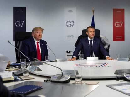 Donald Trum, Emmanuel Macron y Angela Merkel, en una reungión del G7. 