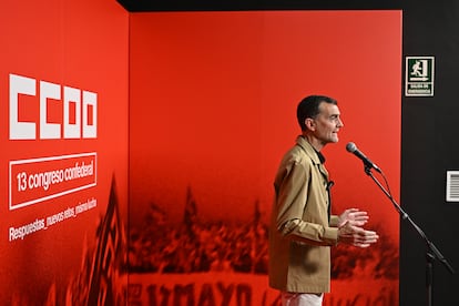 El coordinador federal de IU, Antonio Maíllo, interviene en la apertura del XIII Congreso Confederal de CCOO este jueves en Madrid. 