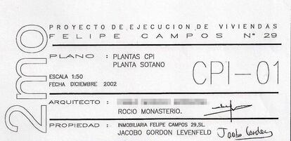 Membrete de un plano de la obra en la calle Felipe Campos en 2002 en el que figuran sus dos arquitectos, el segundo es Rocío Monasterio, aunque entonces no lo era.