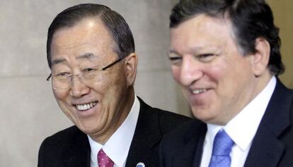 El secretario general de Naciones Unidas, Ban Ki-moon, y el presidente de la Comisión Europea, José Manuel Durão Barroso.