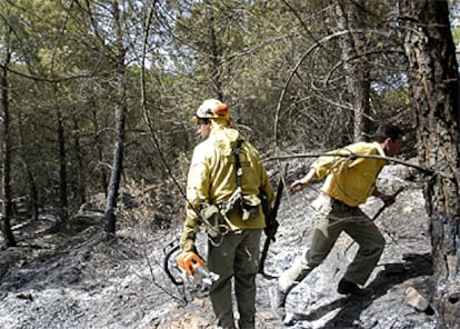 Dos bomberos, en la zona de Aldeaquemada (Jaén) afectada por el incendio.