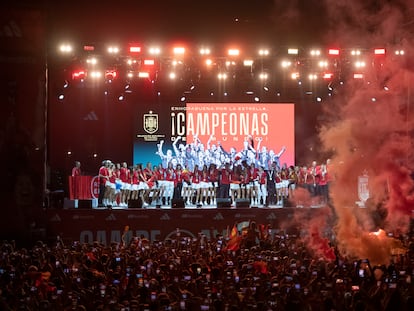 La celebración de la selección femenina de futbol, campeonas del mundo, el lunes por la noche en Madrid