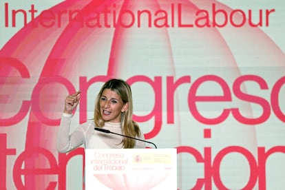 Yolanda Díaz durante su intervención en la inauguración del 'Congreso internacional del trabajo. Hacia una internacional laborista'.