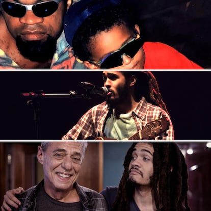 O músico Chico Brown com o pai, Carlinhos Brown, e o avô, Chico Buarque.