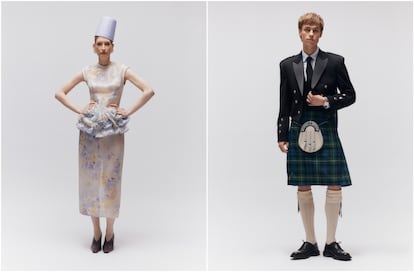 En la imagen, propuestas de la colección 'International Edit', que tiene un enfoque transnacional y reivindica los trajes regionales del Reino Unido como el 'kilt' escocés.