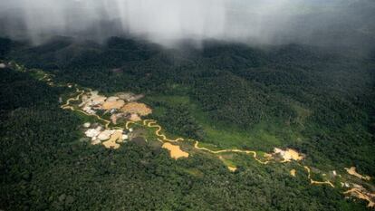 Sobrevoo regista áreas de garimpos ilegais dentro da Terra Indígena Yanomami, em Roraima, em abril de 2021.